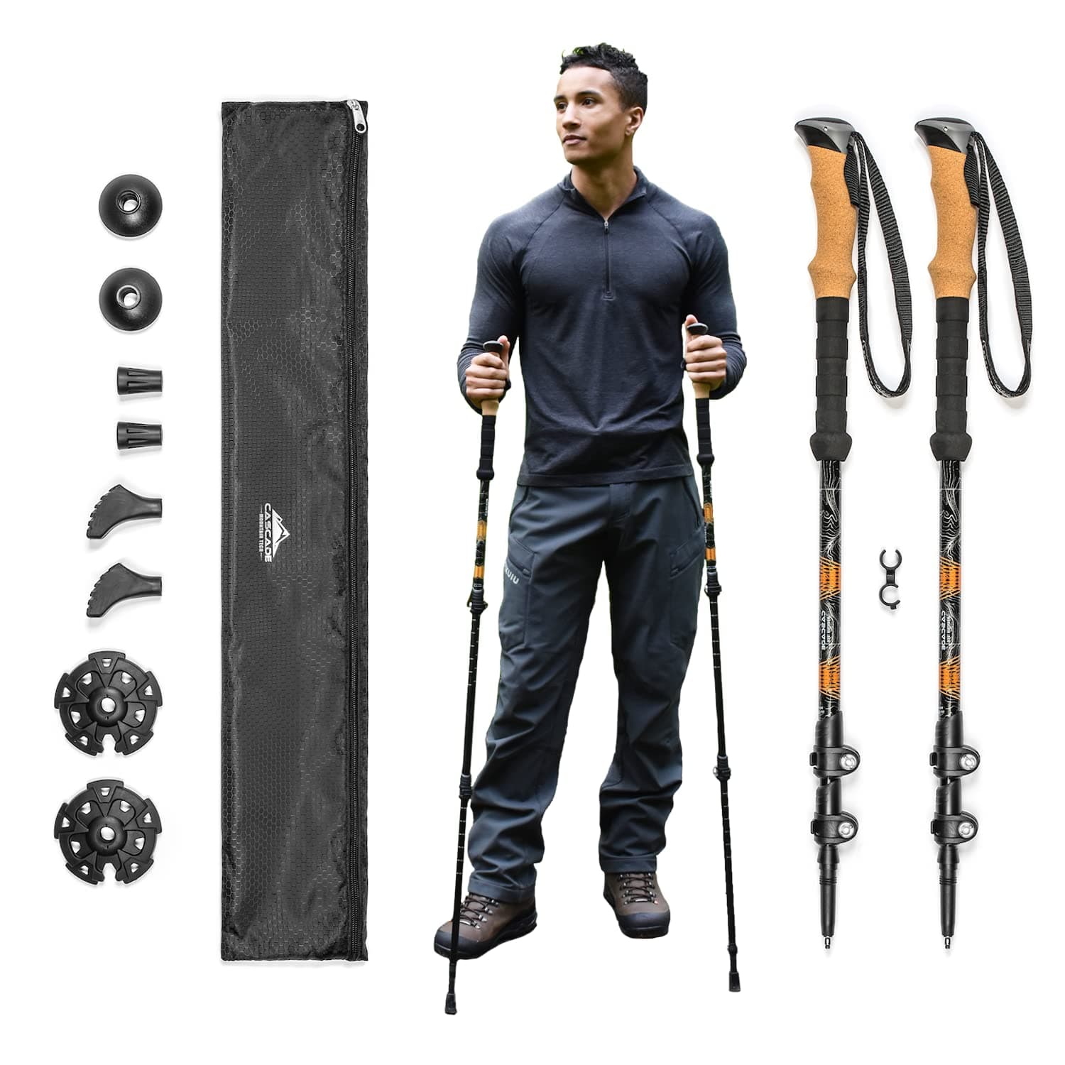 Cascade Mountain Tech Lightweight Aircraft-Grade Aluminum Trekking Poles with Extended Down Grip Plus Tip Kit Orange (Co