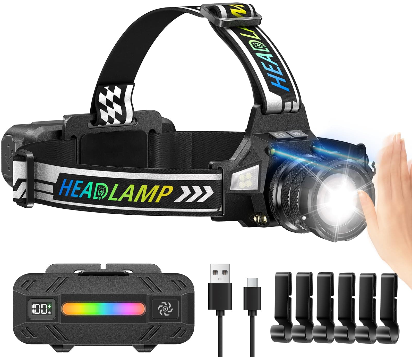 TDT Rechargeable Headlamp with White/Green/UV/Black Light LED Head Lamp,High Lumens Super Bright 24 Modes Comfortable Wa