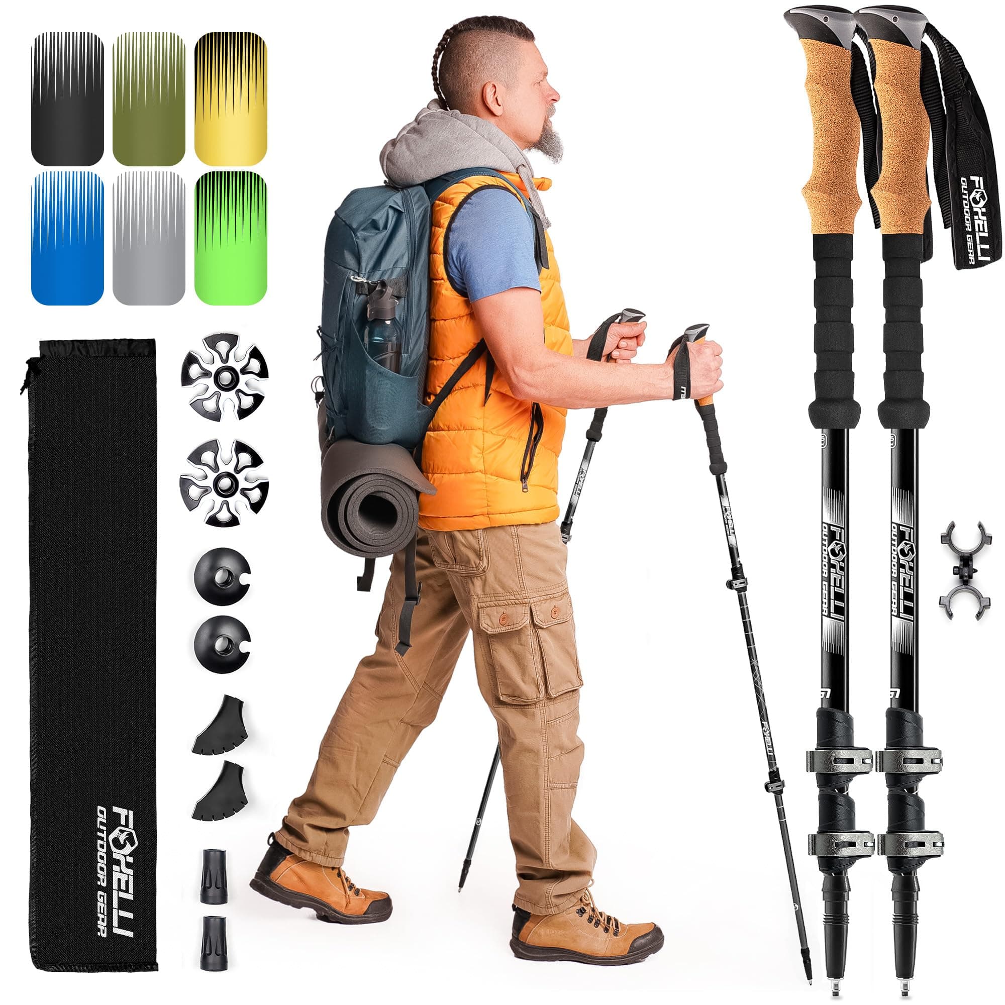 Foxelli Trekking Poles – Lightweight Collapsible Aircraft Grade Aluminum Hiking Poles with Cork Grips Quick Locks & All-